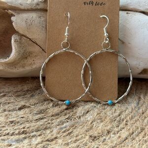 Native American made Sterling  Silver Hoop Earrings with Turquoise Accent